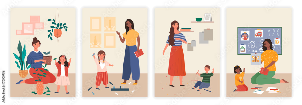 Tired mothers set. Collection of pictures in which adult watching children. Overload, burnout. Parenting and motherhood, home, room. Cartoon flat vector illustrations isolated on white background