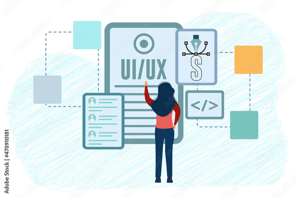 concept a young woman creates a custom design for a mobile application, Ui UX design. Concept for web design concept a young woman creates a custom design for a mobile application, Ui UX design. Concept for web design