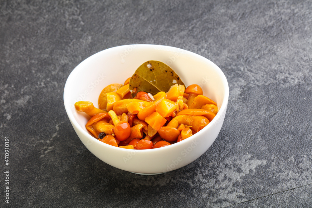 Marinated pickled honey mushrooms in the bowl Marinated pickled honey mushrooms in the bowl