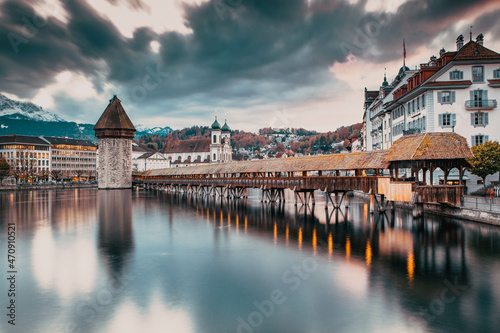 beautiful historic city center of Lucerne with famous buildings and lake Lucerne (Vierwaldstattersee), Canton of Lucerne, Switzerland