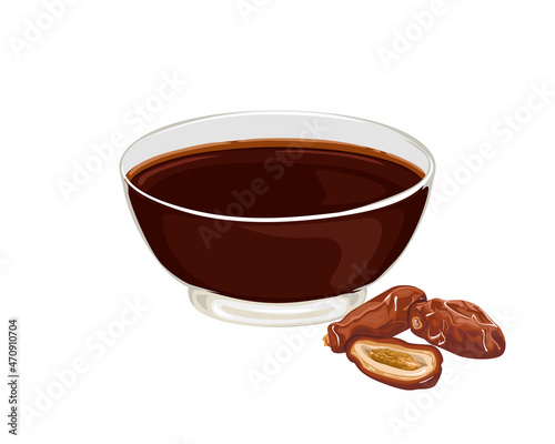 Date syrup in glass bowl with dried date fruits isolated on white. Vector organic sweet food illustration. Cartoon flat style.