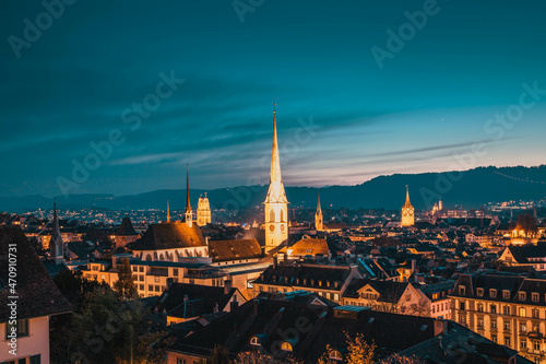 zurich skyline with church steeples at night Switzerland © Melinda Nagy