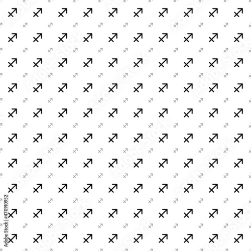 Square seamless background pattern from black zodiac sagittarius symbols are different sizes and opacity. The pattern is evenly filled. Vector illustration on white background