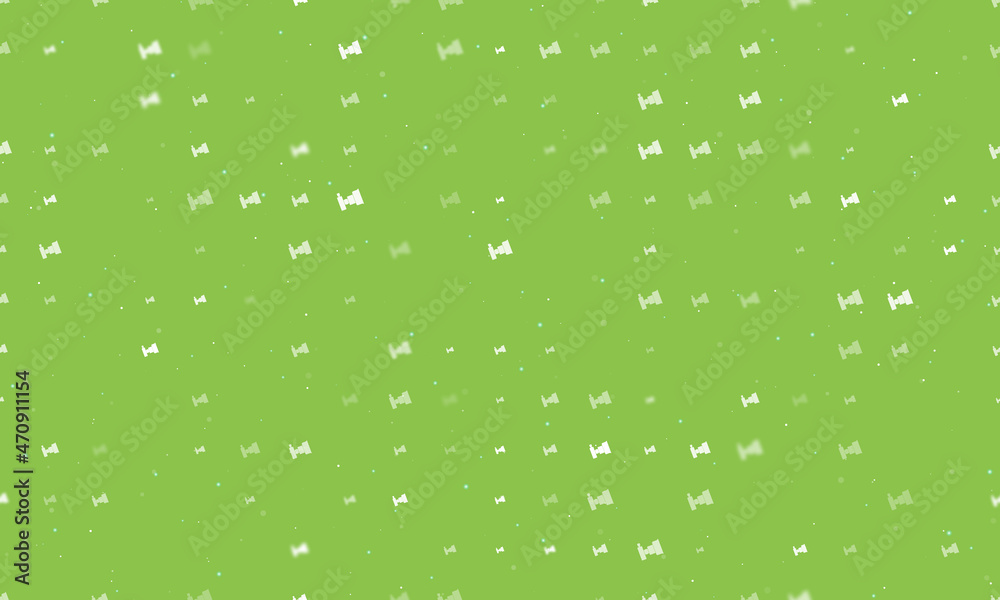 Seamless background pattern of evenly spaced white camera symbols of different sizes and opacity. Vector illustration on light green background with stars