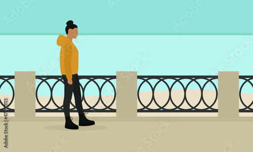 Female character walking along the embankment