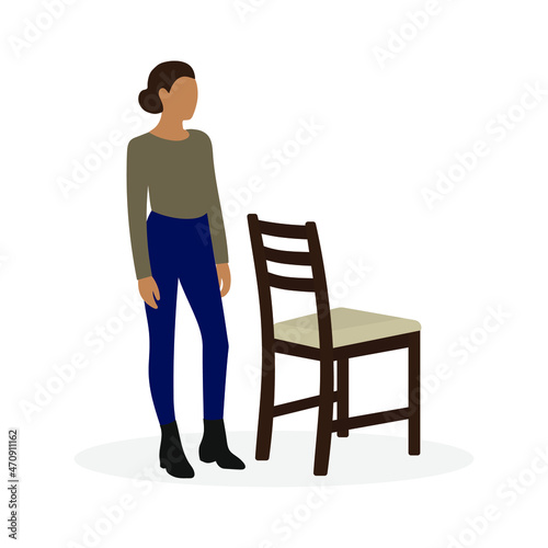 Female character stands near a chair on a white background
