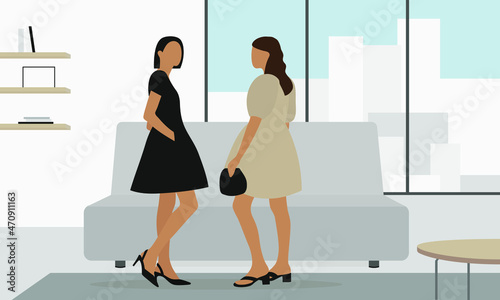 Two young female characters in beautiful dresses are standing near a sofa in a room with panoramic windows