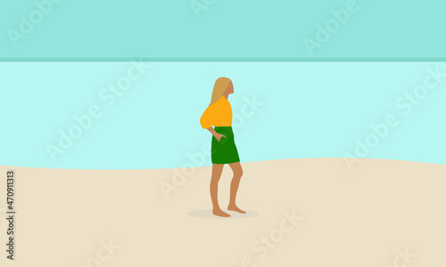 Female character with blond hair walking barefoot on the beach
