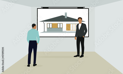 Two male characters in business clothes stand in a room in front of a screen with a house project © Tatyana