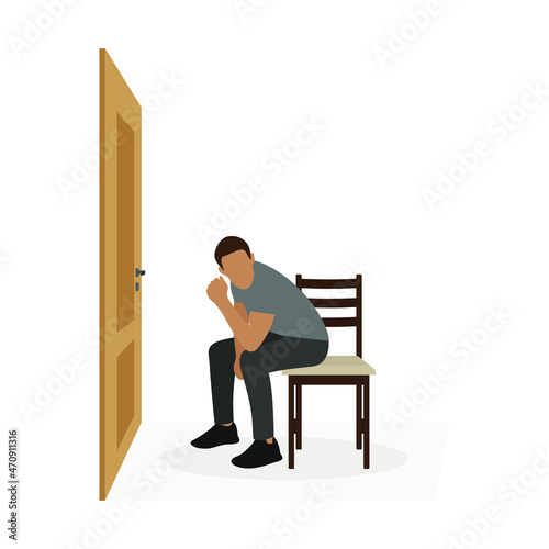 Male character sitting on chair near closed door on white background