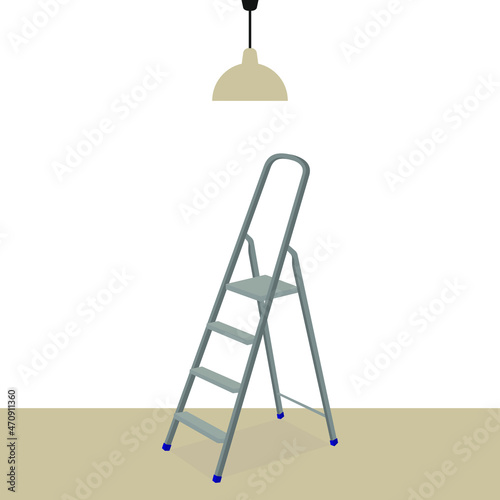 A metal stepladder stands on the floor under a lamp on a white background