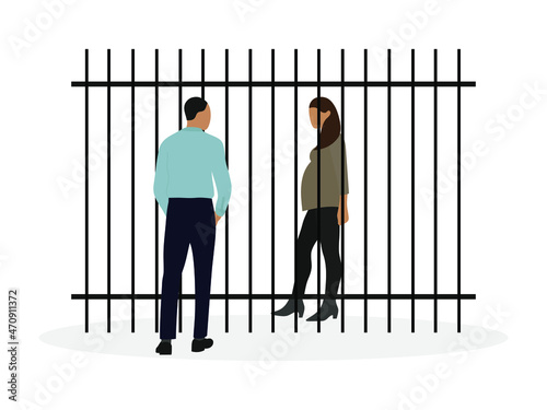 Male character looking at a pregnant female character walking behind an iron fence on a white background