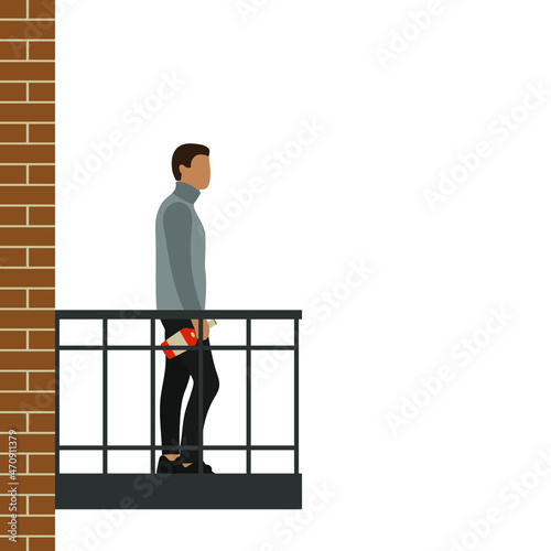 Male character with a bottle of alcohol in his hand stands on the balcony on a white background