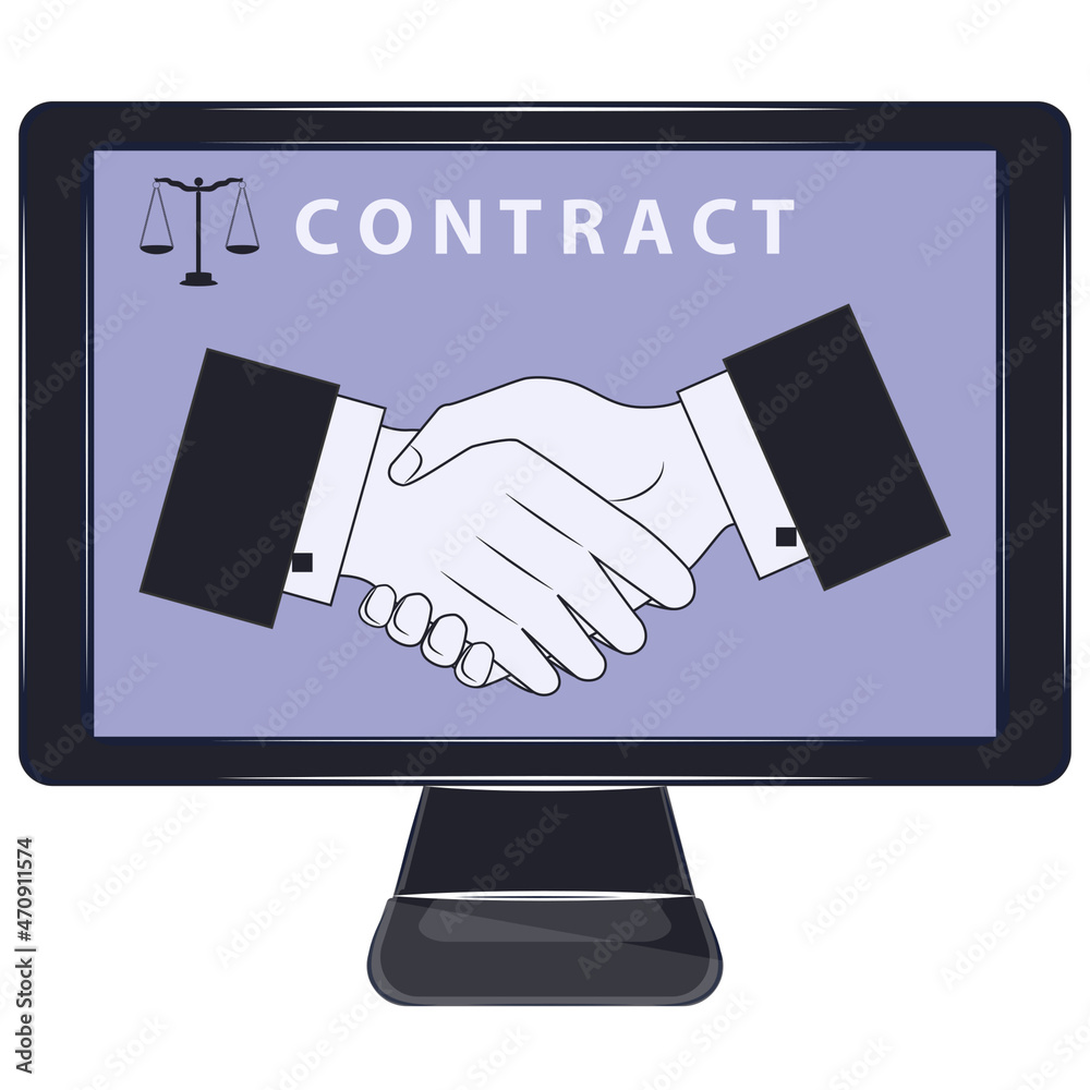 Handshake, judicial scales on computer screen - isolated on white background - vector. Legal support agreement. Online contract. Legal advice online. Handshake, judicial scales on computer screen - isolated on white background - vector. Legal support agreement. Online contract. Legal advice online.