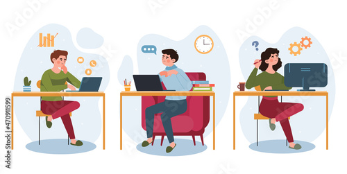 Home office set. Comfortable workplace. Rest, training, gaining new knowledge. Coworking company remote employee, freelancer. Home apartment room, online. Cartoon flat vector illustration