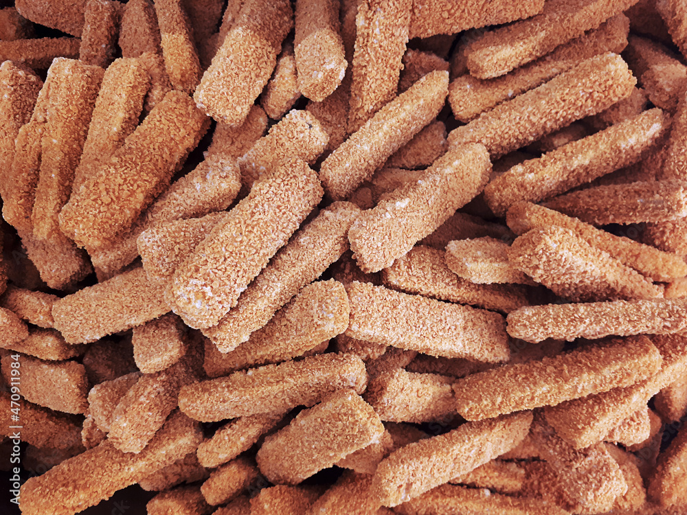 Crispy Frozen Fish Sticks. Texture Of Frozen Fish Sticks In A Market