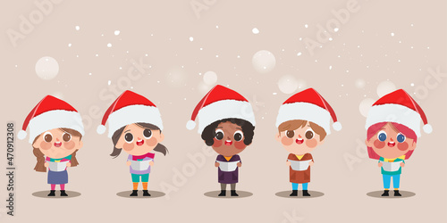 Merry christmas and happy new year cute character singing christmas carol song.