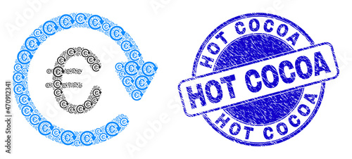 Vector euro pay again icon collage is composed from random recursive euro pay again elements. Hot Cocoa textured blue round seal imitation. Recursive collage of euro pay again icon.