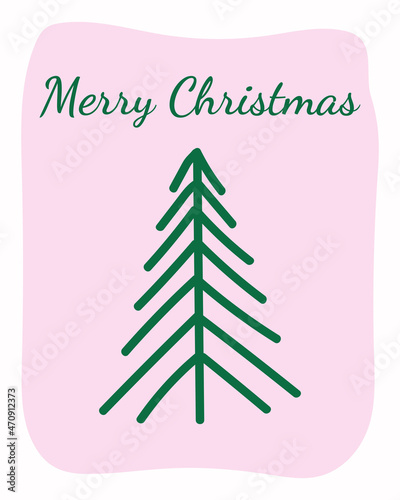 Merry Christmas postcard. Lettering and Christmas tree on a pink background. Vector illustration.