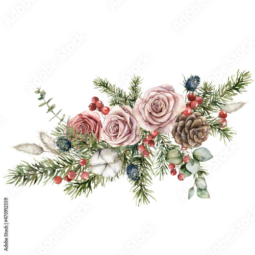 Watercolor Christmas bouquet of roses  pine cones  cotton and fir branches. Hand painted holiday card of flowers and plants isolated on white background. Illustration for design  print or background.