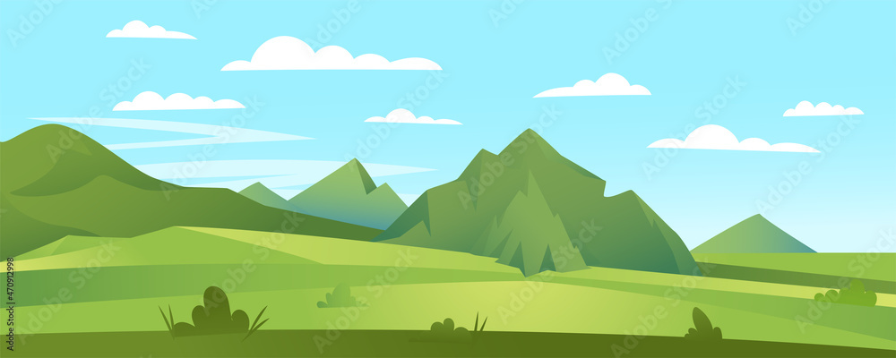 Cartoon flat panorama of spring summer beautiful nature, green grasslands meadow with mountains on horizon background, summer mountain landscape, dawn over the valley. Vector illustration