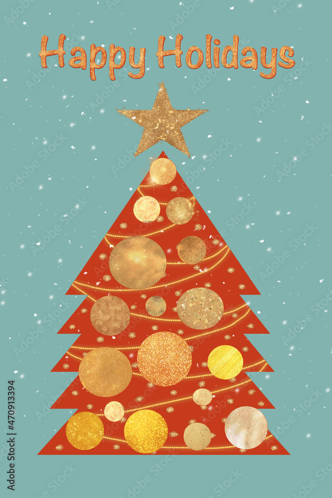 Illustration of a red Christmas tree with gold decorations and snow. 