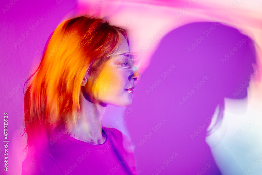 Young Woman With Led Glasses Eyes In Studio Young Woman With Led Glasses Eyes In Studio