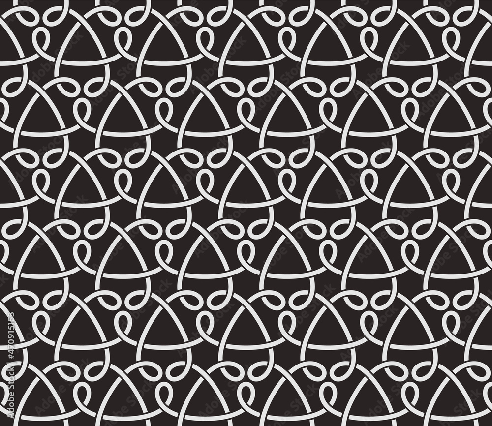Fototapeta premium Seamless pattern with wavy stripes on black background. Abstract vector texture with intersecting stripes. Stylish monochrome design for textile, fabric and wrapping. Trendy monochrome design.