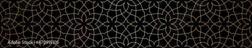Seamless pattern with golden thin curl lines and flowers on black background. Monochrome abstract floral pattern. Decorative lattice in Arabic style. Trendy design for fabric and wrapping.