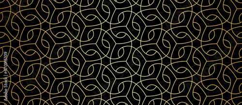 Seamless lace pattern with golden thin curl lines and scrolls. Monochrome abstract floral pattern. Decorative lattice in Arabic style. Endless thread and loops.