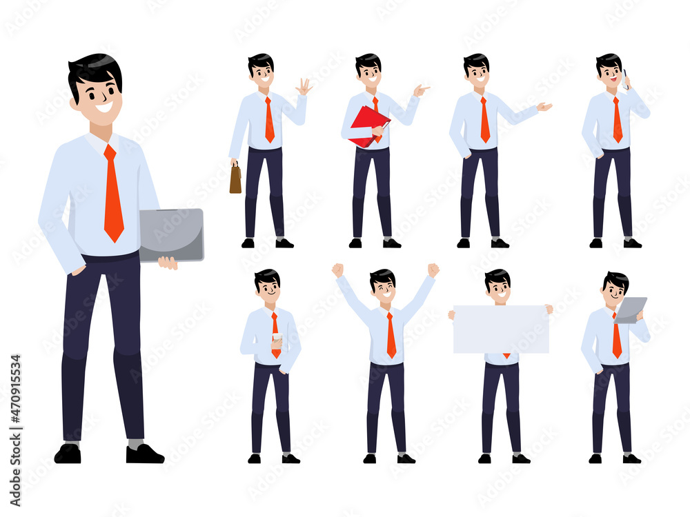 Businessman in office worker character pose set. Flat cartoon people design. Businessman in office worker character pose set. Flat cartoon people design.