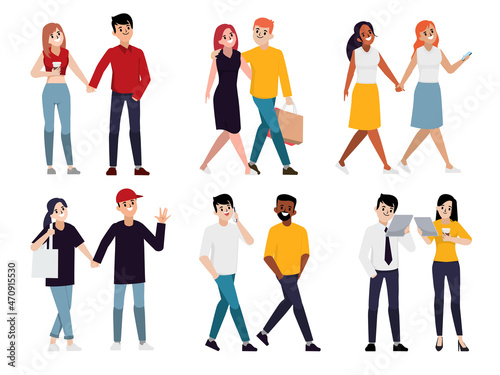 Young People walking together. Flat vector character set.