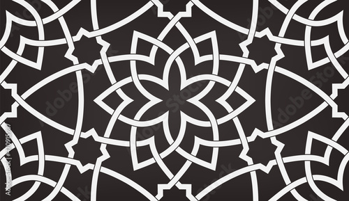 Pattern with floral and geometric elements in Arabic style. Intersecting curved and straight bold stripes forming abstract floral ornament. Vector background for design. Seamless lattice for louver.