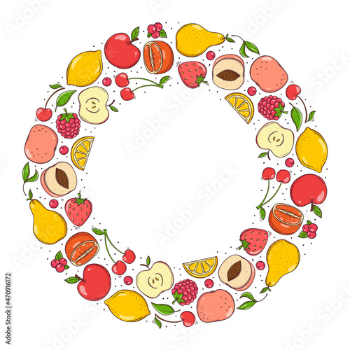 Hand drawn fruit and berries wreath isolated on white background