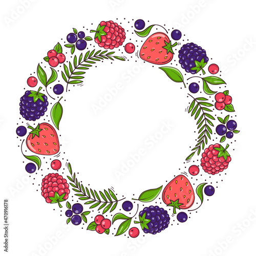 Fototapeta Naklejka Na Ścianę i Meble -  Hand drawn fruit and berries wreath isolated on white background