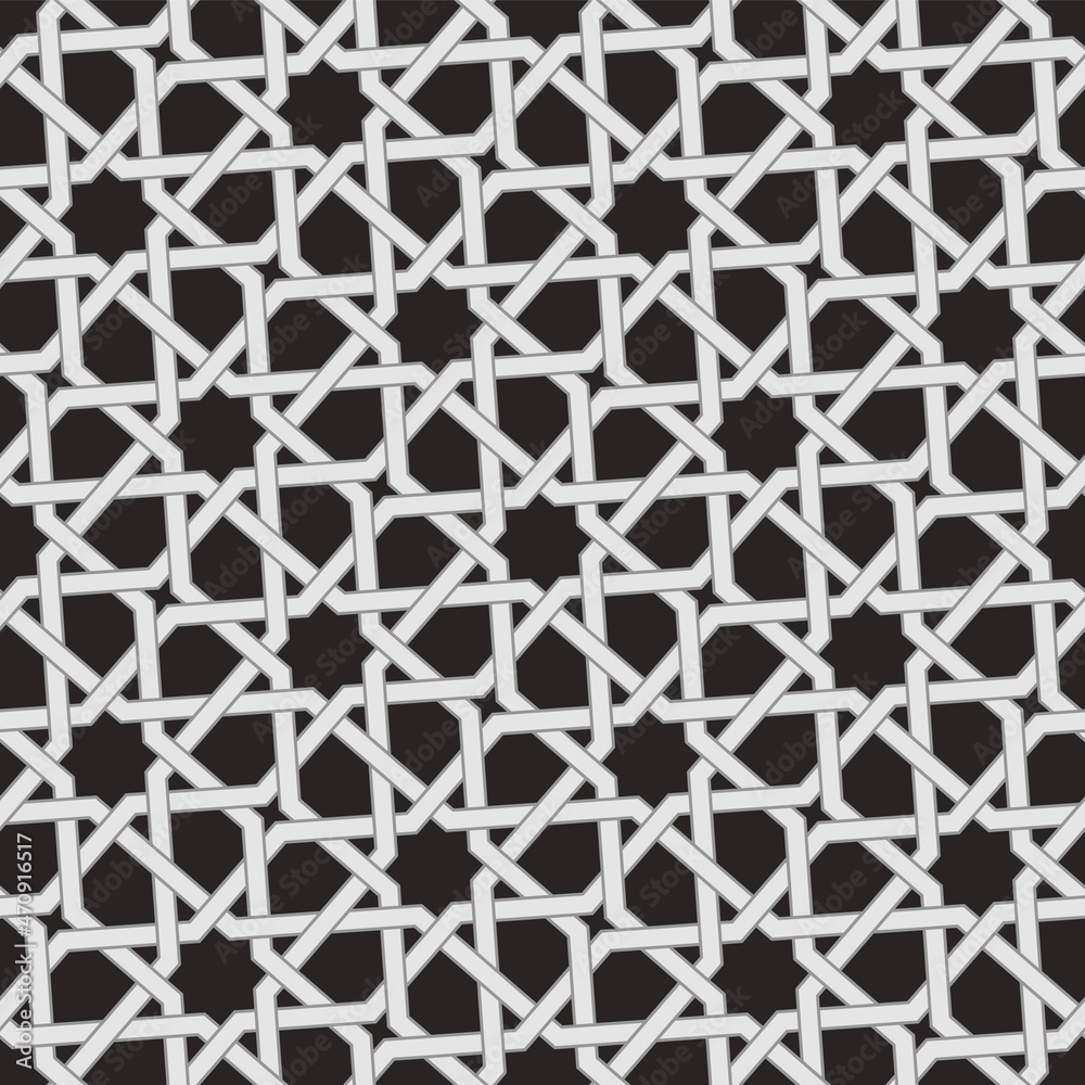 Pattern with intersecting stripes, poly lines, polygons and stars. Seamless Abstract ornament in Arabic style. Monochrome design for fabric, textile and wallpaper. Geometric trendy decorative lattice.