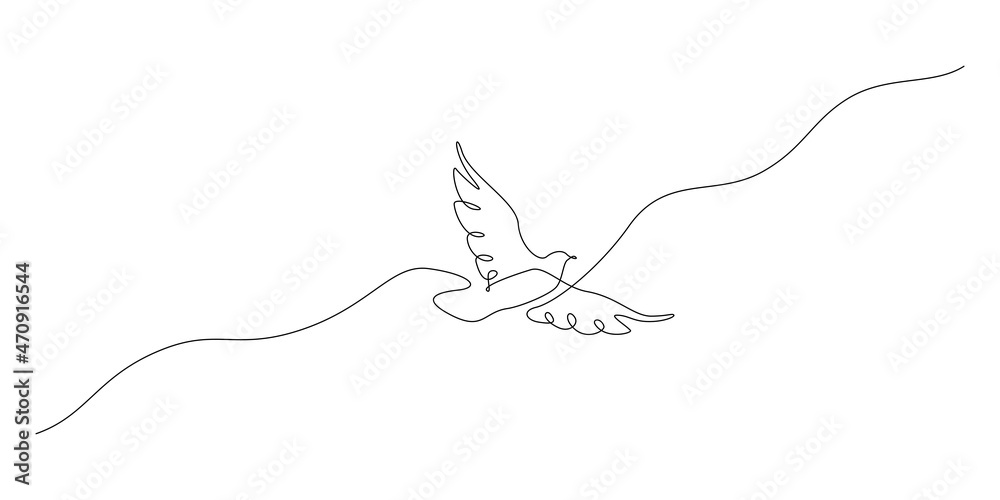 One continuous line drawing of flying up dove. Bird symbol of peace and freedom in simple linear style. Mascot concept for national labor movement icon isolated on white. Doodle vector illustration One continuous line drawing of flying up dove. Bird symbol of peace and freedom in simple linear style. Mascot concept for national labor movement icon isolated on white. Doodle vector illustration