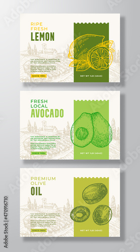 Fresh Local Food Label Templates Set. Abstract Vector Packaging Design Layouts Collection. Banners with Hand Drawn Lemons, Avocado, Olives and Rural Landscape Background. Isolated