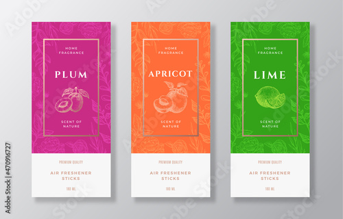 Home Fragrance Vector Label Templates Set. Hand Drawn Sketch Plums, Apricots, Lime and Flowers Background with Typography. Room Perfume Packaging Design Layouts Realistic Mockup. Isolated