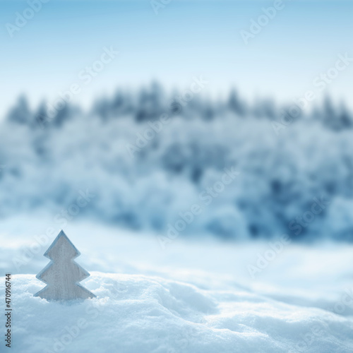 Christmas background with fir tree on white snow.
