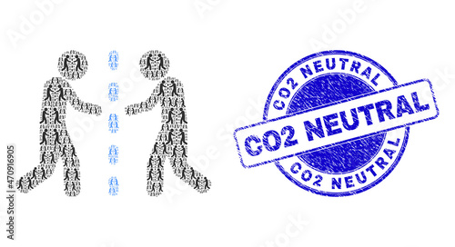Vector meeting isolation icon collage is made of randomized self meeting isolation elements. Co2 Neutral grunge blue round stamp. Fractal collage for meeting isolation icon.