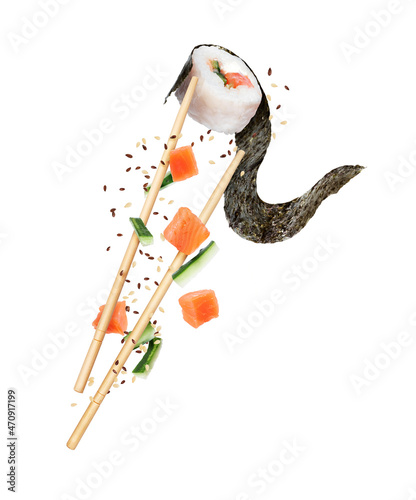 Unwrapped sushi roll sandwiched between chopsticks with ingredients close-up