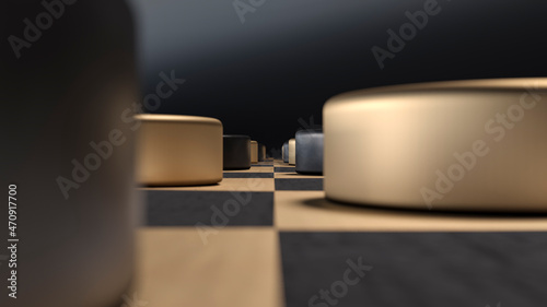 Black and white checkers - competition, game sports match. Advertising poster for children's checkers club. 3d render illustration 