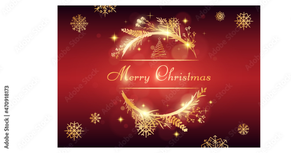 Merry Christmas background. Festive vector illustration with shiny golden text and snowflakes, floral frame and fir tree on red background. Decorative and greeting banner, svreensaver.