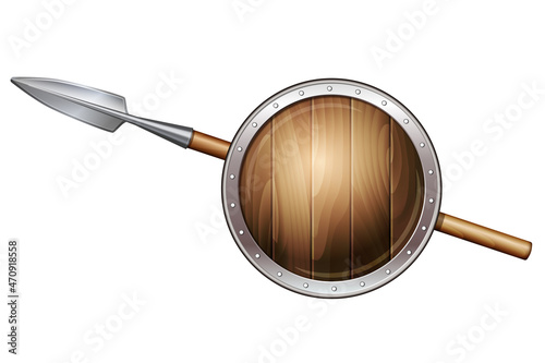 Wooden shield with steel frame and spear. Vector illustration