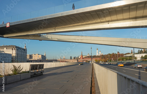 View of the Moskvoretskaya embankment and the soaring bridge in Moscow