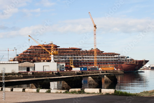 Construction of a ship in the shipyard of Vigo with cranes and scaffolds