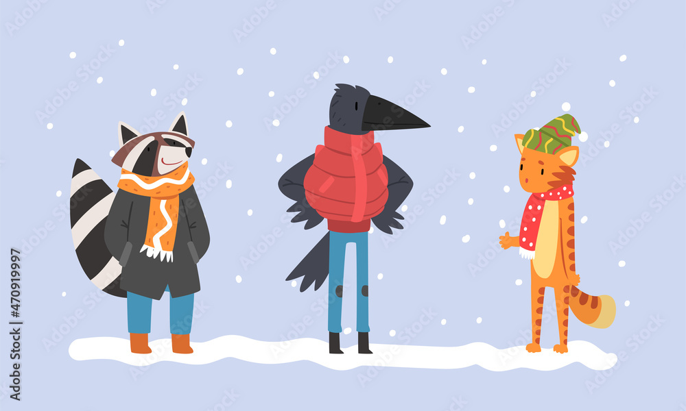 Fototapeta premium Animals Wearing Warm Winter Clothes Walking in Snowy Weather Vector Set