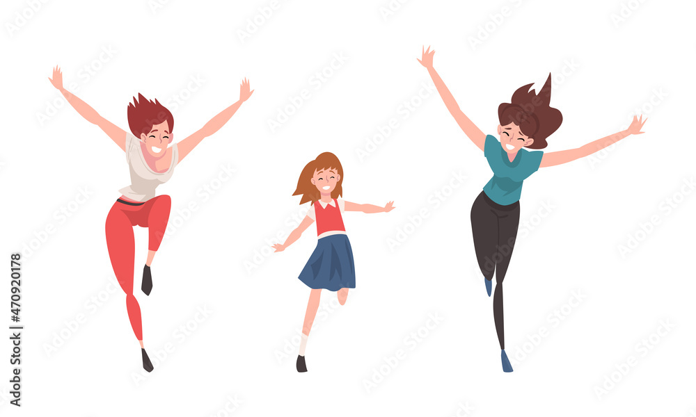 Smiling Woman and Kid Running with Outstretched Arms Vector Set