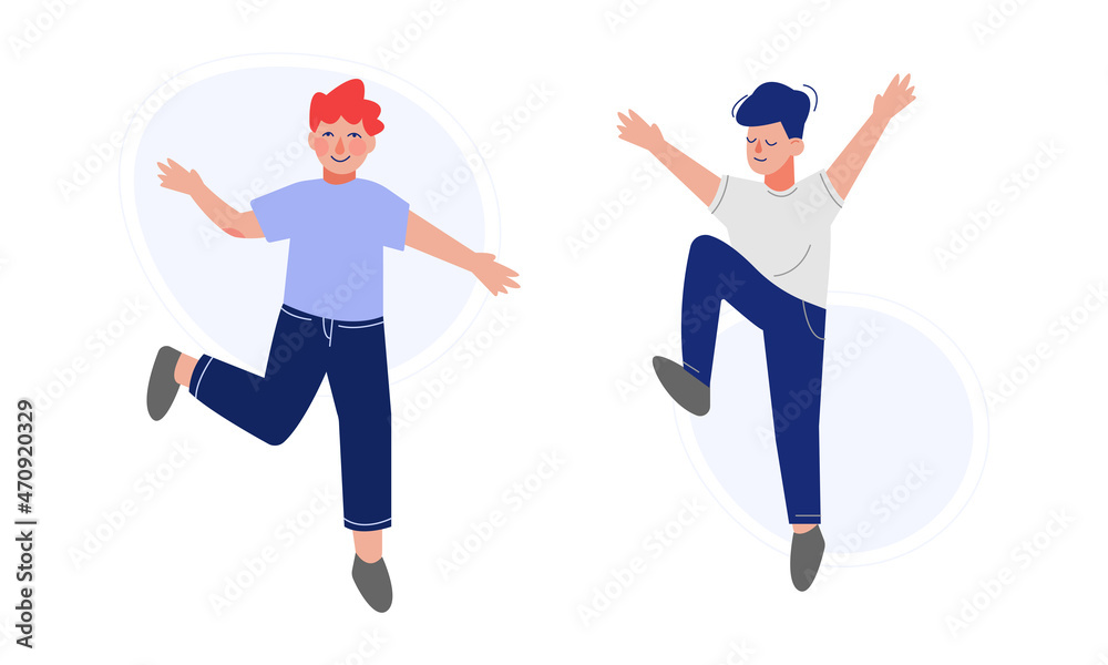 Positive Boy Jumping with Joy and Excitement Rejoicing Vector Set Positive Boy Jumping with Joy and Excitement Rejoicing Vector Set
